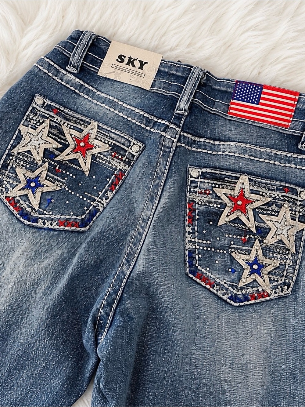 Sky Women’s Star-Embellished Blue Jeans with Red & White Accents